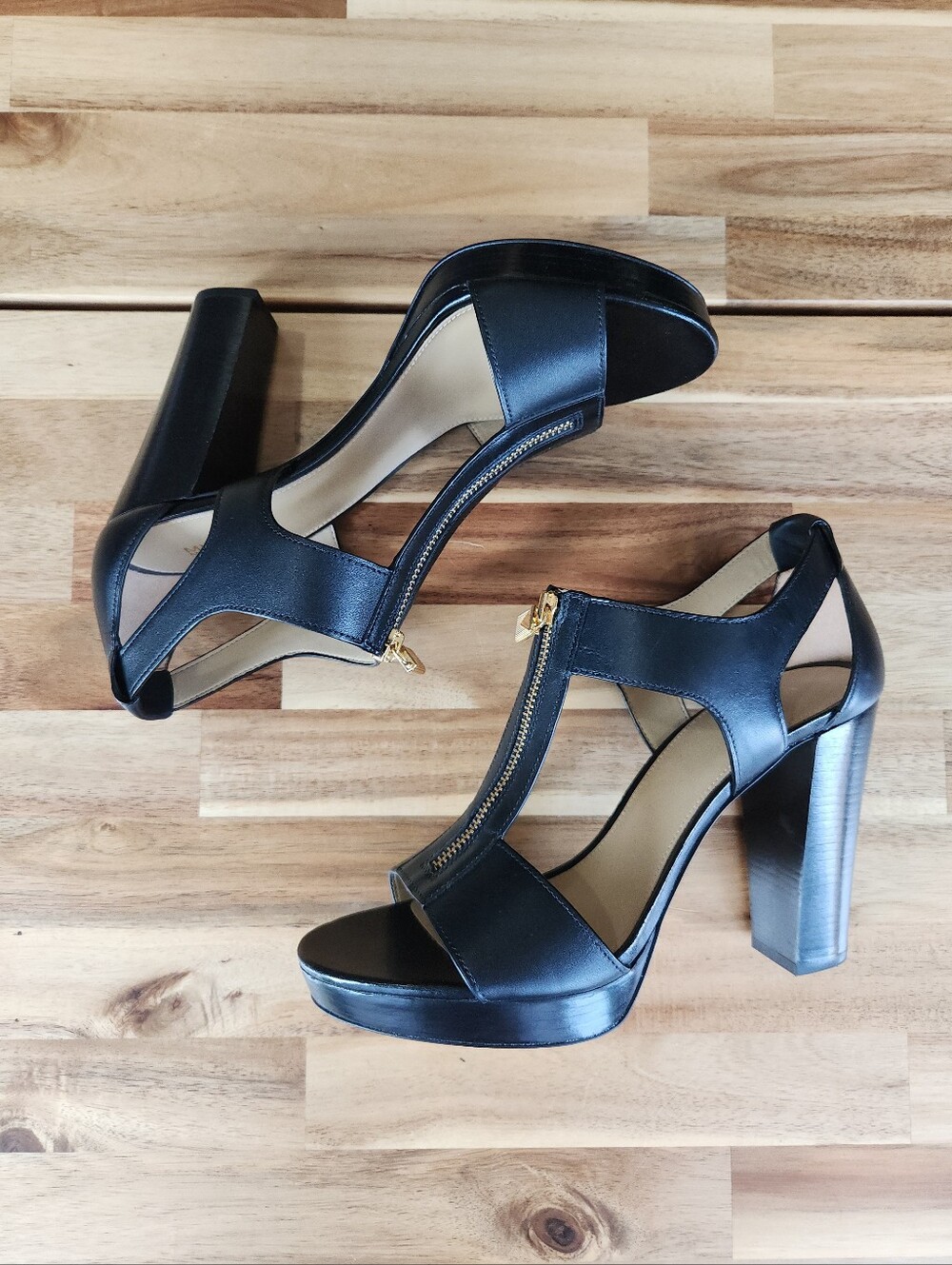 Michael Kors Damita Black Leather Heels with Gold-Tone Zip
